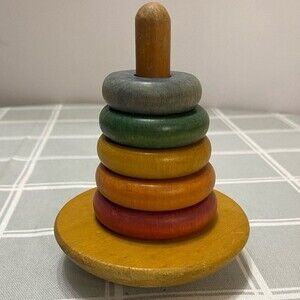 Classic Wooden Rainbow Color Cone Rocking Pyramid Stacking Toddler Child Kid Toy